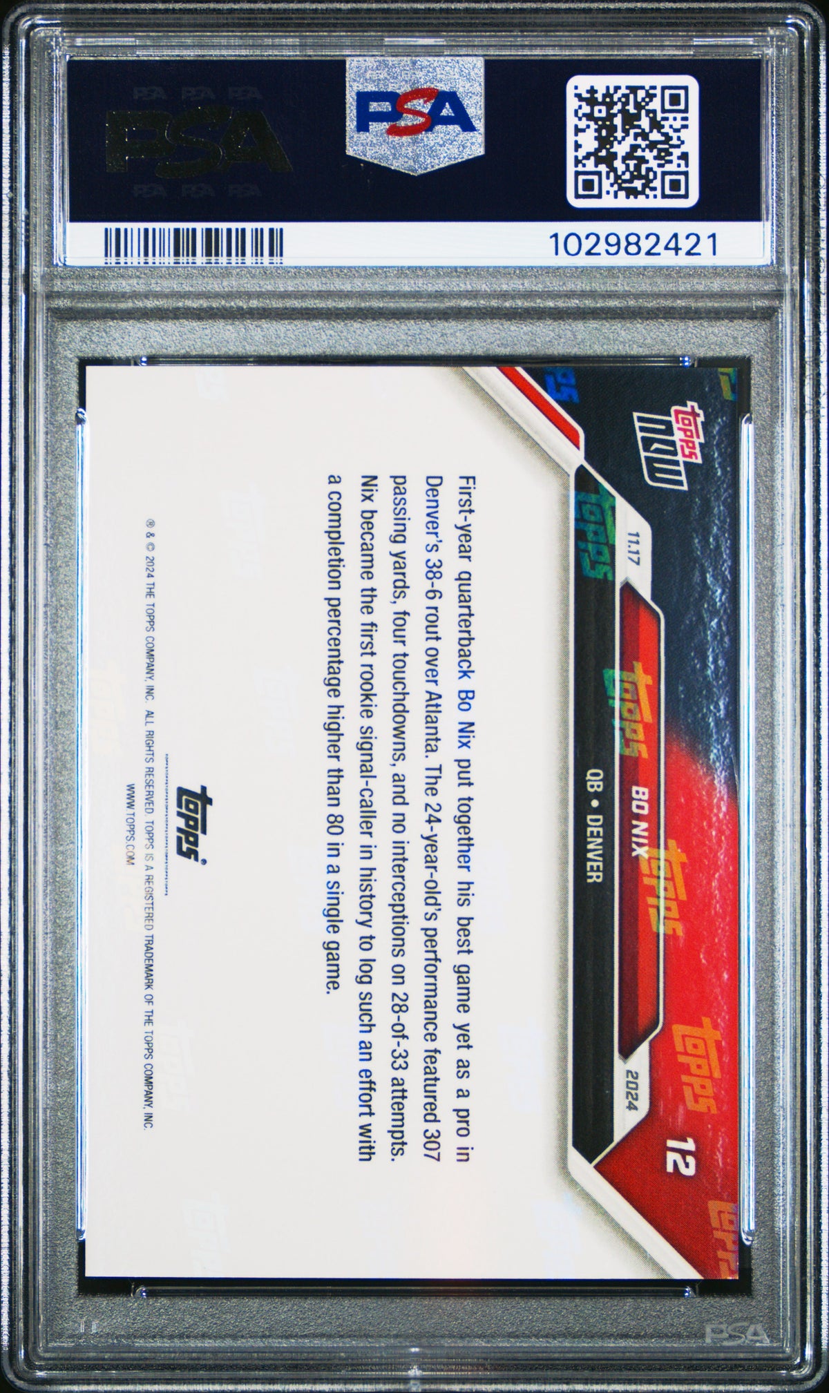 Bo Nix 2024 Topps Now Football Rookie Card #12 Graded PSA 9 Cert #102982421-Powers Sports Memorabilia