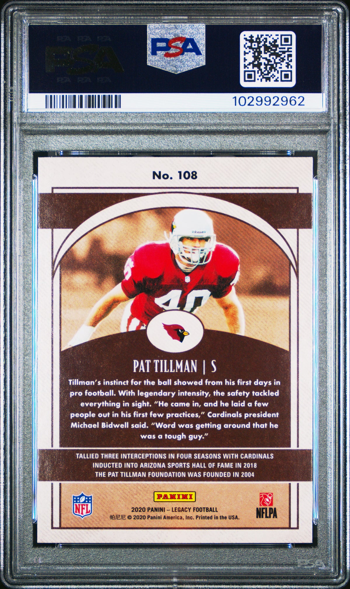 Pat Tillman 2020 Panini Legacy Football Card #108 Graded PSA 10 Cert # 102992692-Powers Sports Memorabilia