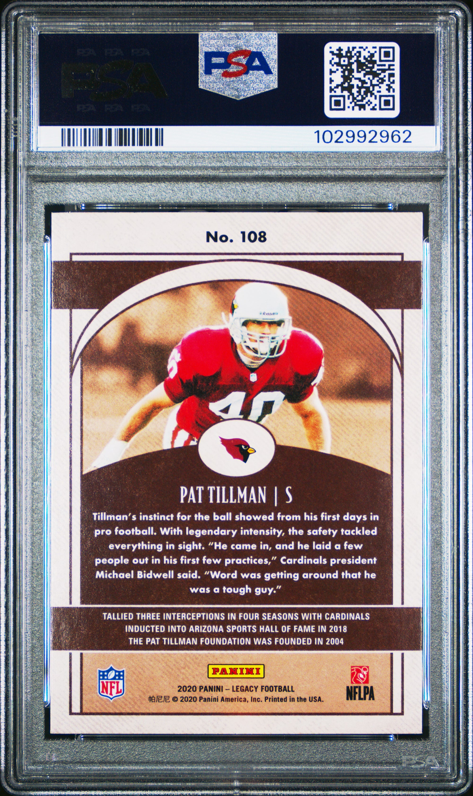 Pat Tillman 2020 Panini Legacy Football Card #108 Graded PSA 10 Cert # 102992692-Powers Sports Memorabilia