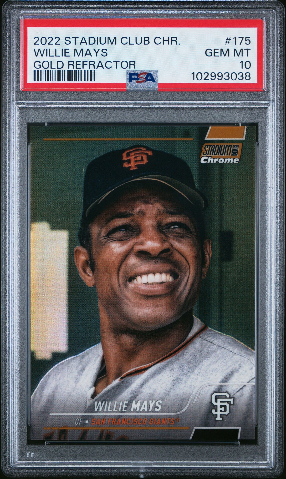 Willie Mays 2022 Stadium Club Chrome Gold Refractor San Francisco Giants Baseball Card #175 Graded PSA 10 Cert #102993038 16/50-Powers Sports Memorabilia