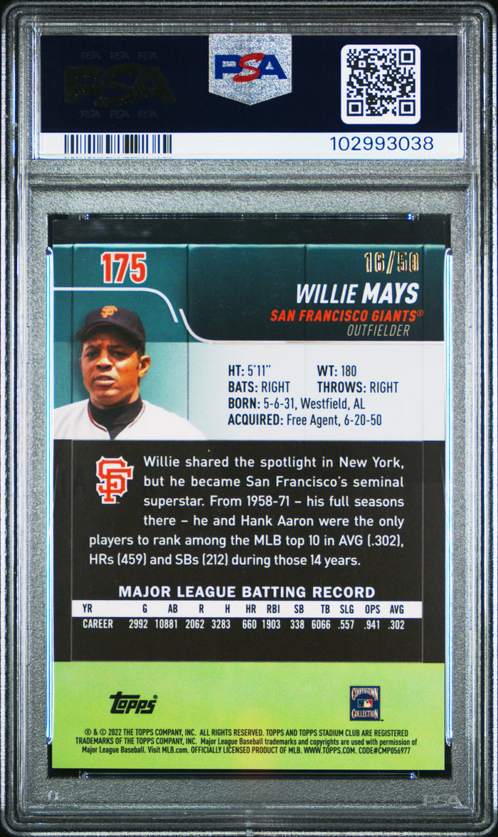 Willie Mays 2022 Stadium Club Chrome Gold Refractor San Francisco Giants Baseball Card #175 Graded PSA 10 Cert #102993038 16/50-Powers Sports Memorabilia