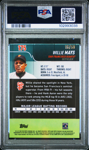 Willie Mays 2022 Stadium Club Chrome Gold Refractor San Francisco Giants Baseball Card #175 Graded PSA 10 Cert #102993038 16/50-Powers Sports Memorabilia