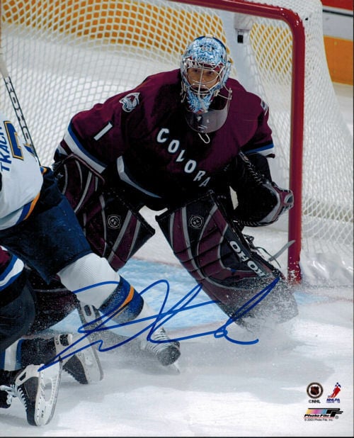 David Aebischer Signed Colorado Avalanche 8x10 photo (alt jersey)-Powers Sports Memorabilia