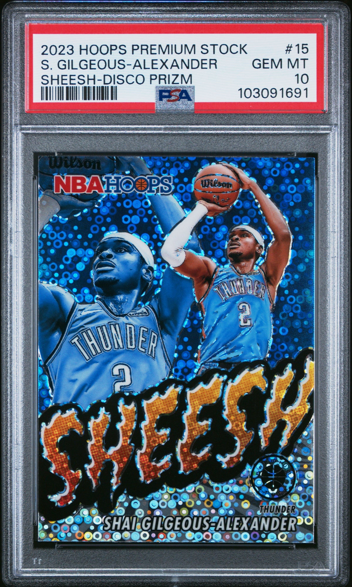 Shai Gilgeous-Alexander 2023 Panini Hoops Premium Stock Sheesh Disco Prizm Oklahoma City Thunder Basketball Card #15 Graded PSA 10 Cert #103091691