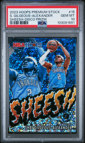 Shai Gilgeous-Alexander 2023 Panini Hoops Premium Stock Sheesh Disco Prizm Oklahoma City Thunder Basketball Card #15 Graded PSA 10 Cert #103091691