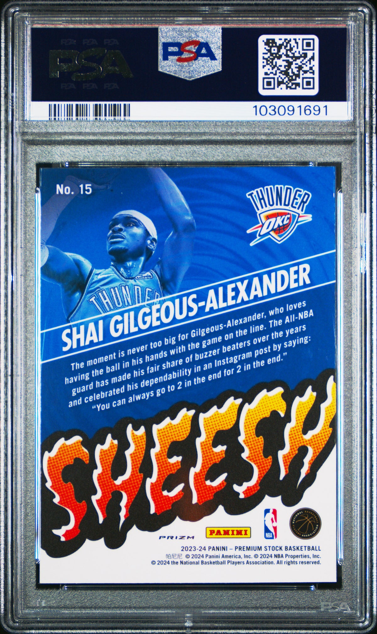 Shai Gilgeous-Alexander 2023 Panini Hoops Premium Stock Sheesh Disco Prizm Oklahoma City Thunder Basketball Card #15 Graded PSA 10 Cert #103091691