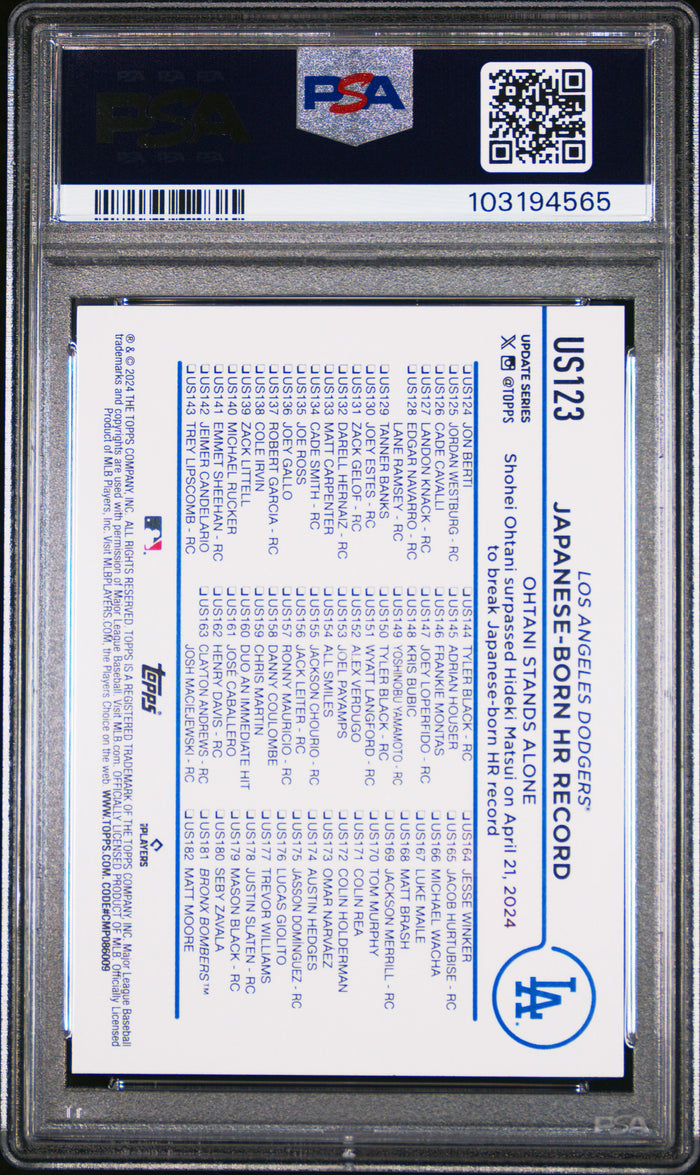 Shohei Ohtani 2024 Topps Update Japanese Born HR Record Baseball Card #US123 Graded PSA 10 Cert # 103194565-Powers Sports Memorabilia