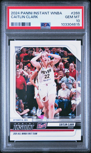 Caitlin Clark 2024 Panini Instant WNBA 1st Team Indiana Fever Basketball Rookie Card RC #268 Graded PSA 10 Cert #103304615