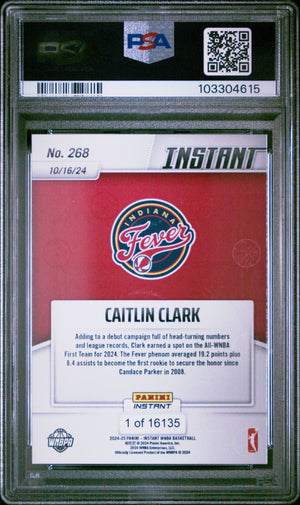 Caitlin Clark 2024 Panini Instant WNBA 1st Team Indiana Fever Basketball Rookie Card RC #268 Graded PSA 10 Cert #103304615
