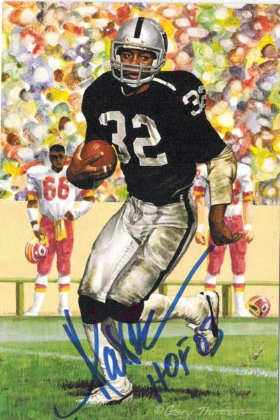 Marcus Allen Signed Oakland Raiders Goal Line Art Card in blue w/HOF 03-Powers Sports Memorabilia
