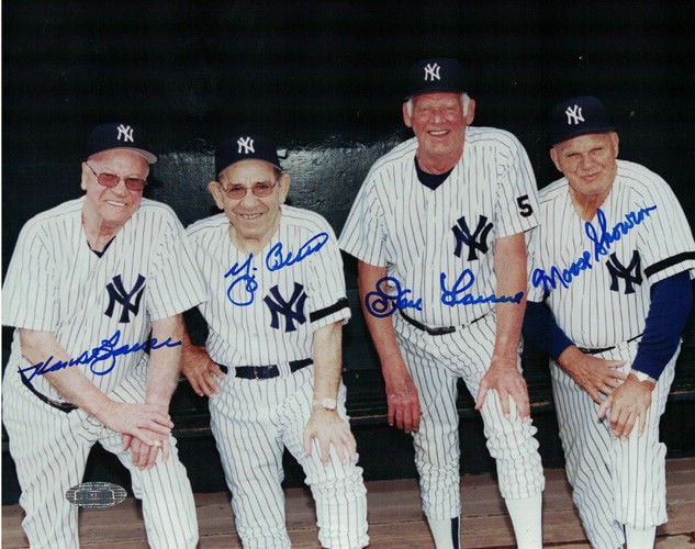 New York Yankee Legends Signed 8x10 Photo Yogi Berra, Bauer, Larsen, Skowron – Steiner Authenticated-Powers Sports Memorabilia