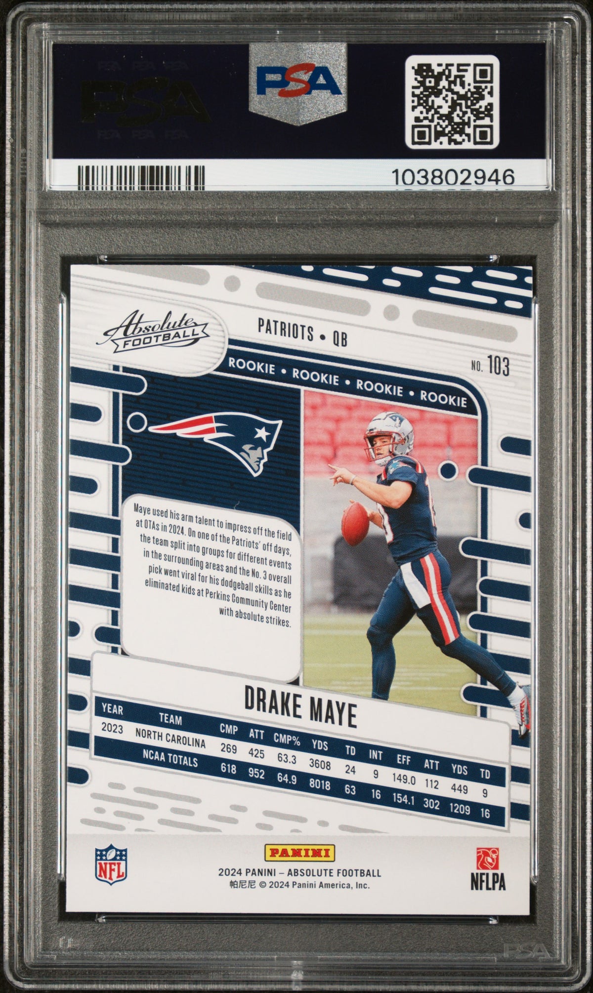 Drake Maye 2024 Absolute Orange Rookie Football Card #103 Graded PSA 10 Cert #103802946-Powers Sports Memorabilia