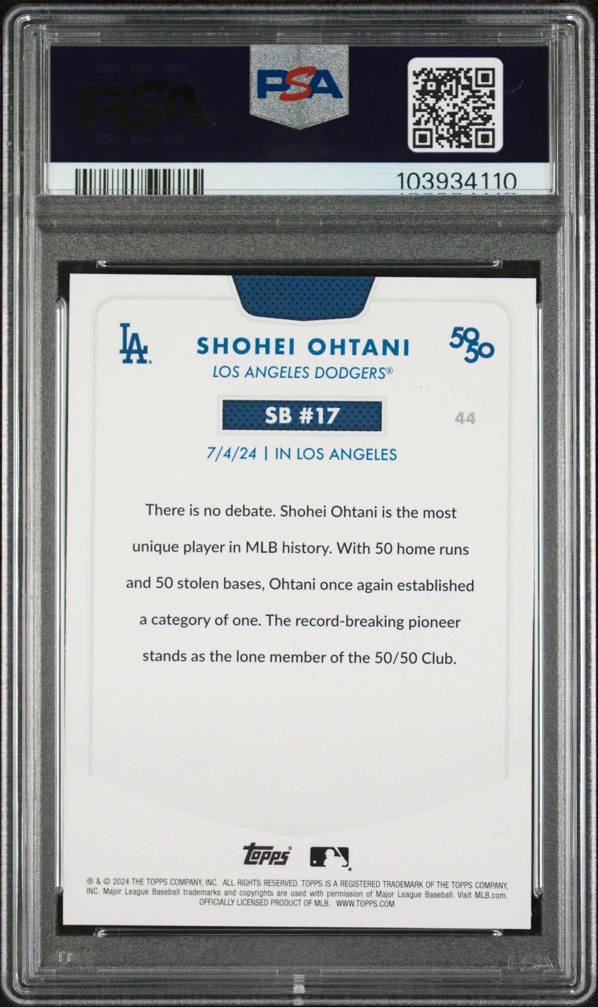 Shohei Ohtani 2024 Topps Now 50/50 Baseball Card #44 Graded PSA 10 Cert # 103934110-Powers Sports Memorabilia