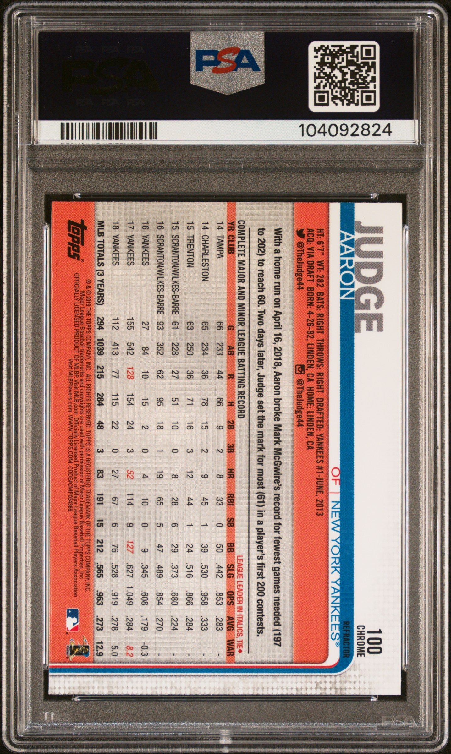 Aaron Judge 2019 Topps Chrome Pink Refractor Baseball Card #100 Graded PSA 10-Powers Sports Memorabilia