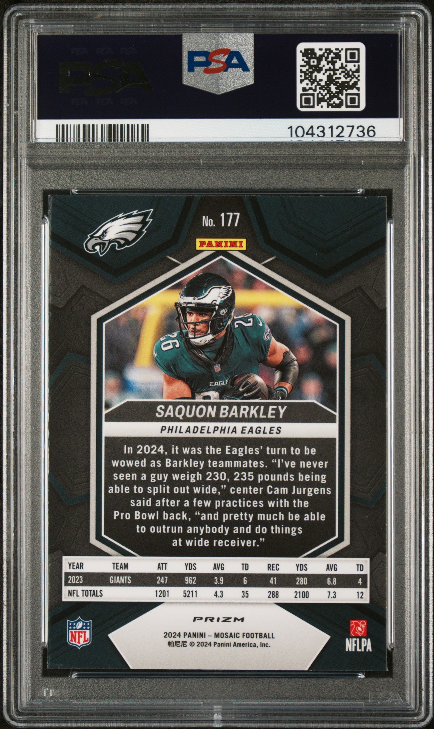 Saquon Barkley 2024 Panini Mosaic Green Football Cared #177 Graded PSA 10-Powers Sports Memorabilia