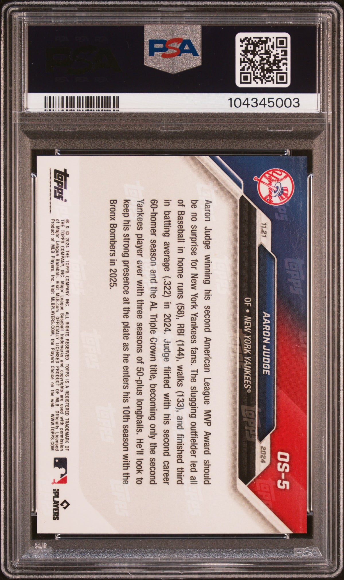 Aaron Judge 2024 Topps Now Offseason MVP Baseball Card #OS5 Graded PSA 10-Powers Sports Memorabilia