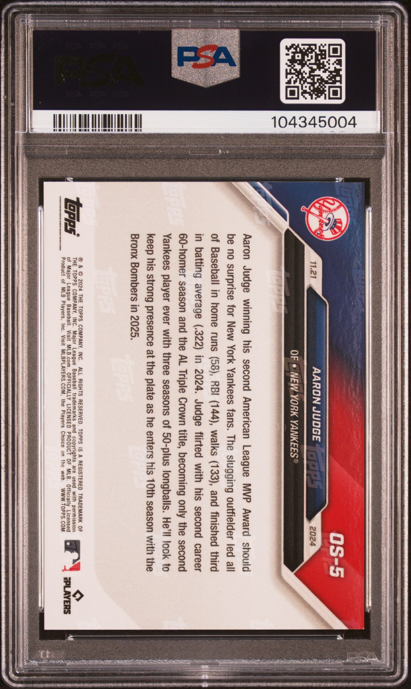 Aaron Judge 2024 Topps Now Offseason MVP Baseball Card #OS5 Graded PSA 8-Powers Sports Memorabilia