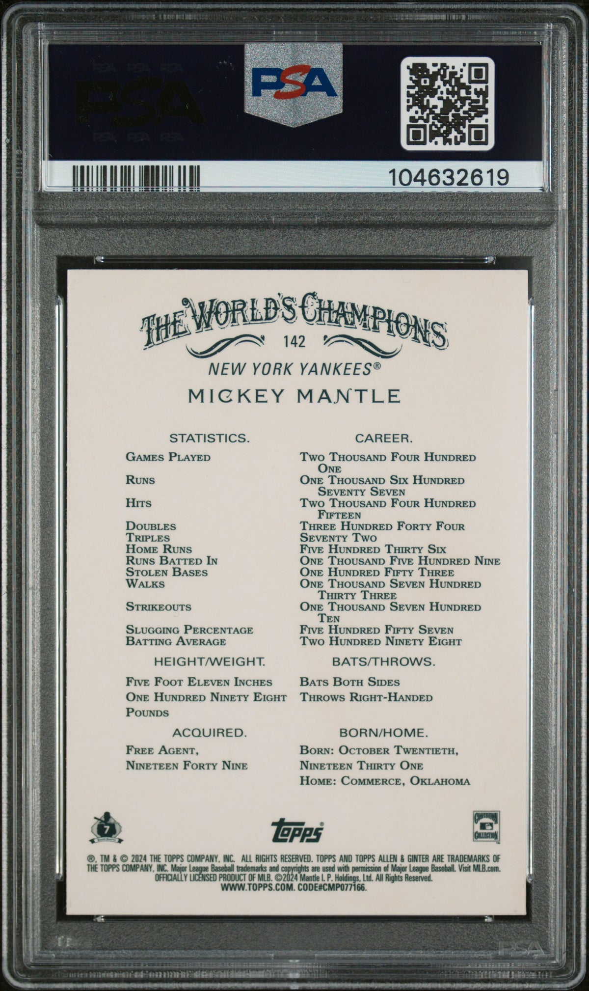Mickey Mantle 2024 Topps Gold Refractor Card #142 PSA 10 /50