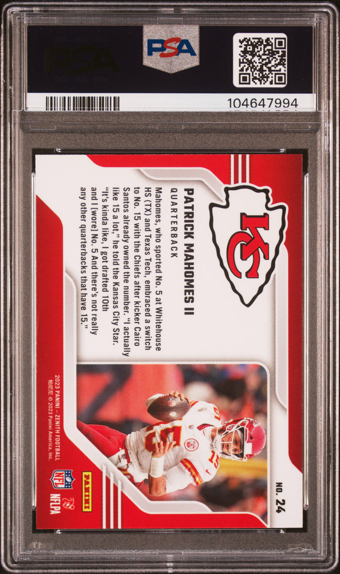 Patrick Mahomes II 2023 Panini Zenith Behind The Numbers Red Kansas City Chiefs Football Card #24 Graded PSA 10 Cert #104647994-Powers Sports Memorabilia