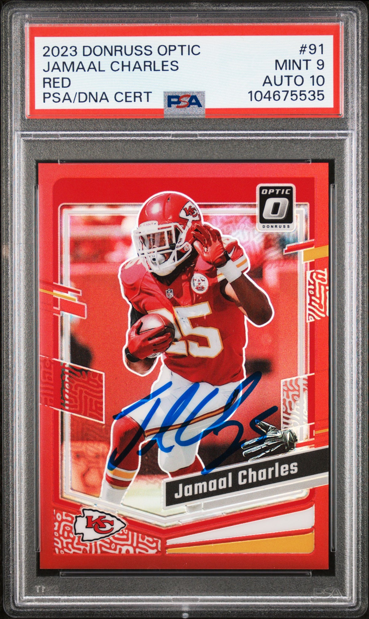 Jamaal Charles 2023 Panini Donruss Optic Red Card #91 Graded PSA 9 Auto 10 54/99-Powers Sports Memorabilia