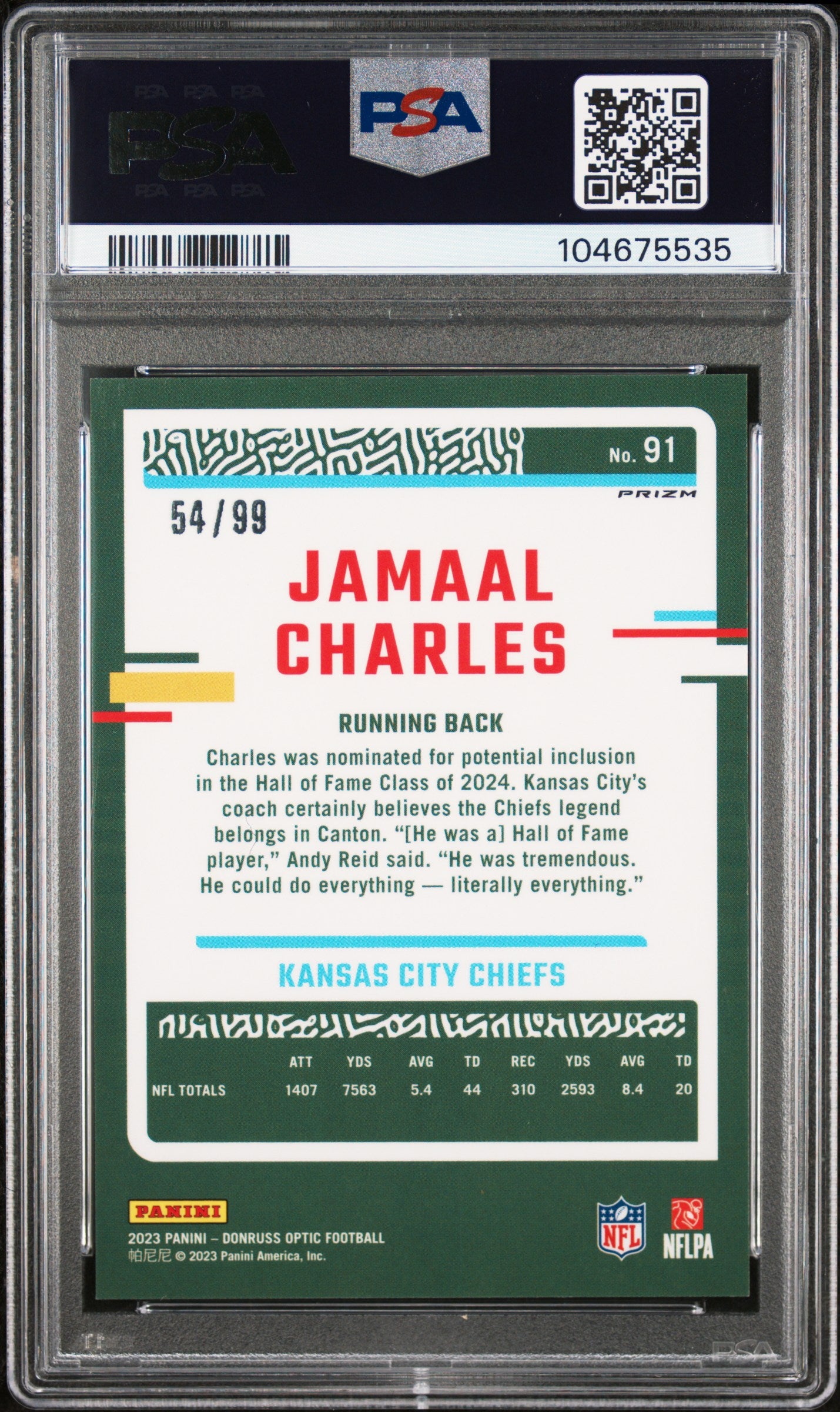 Jamaal Charles 2023 Panini Donruss Optic Red Card #91 Graded PSA 9 Auto 10 54/99-Powers Sports Memorabilia