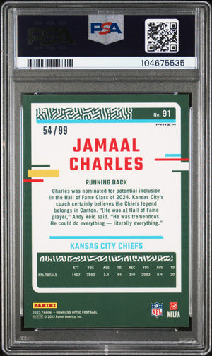 Jamaal Charles 2023 Panini Donruss Optic Red Card #91 Graded PSA 9 Auto 10 54/99-Powers Sports Memorabilia