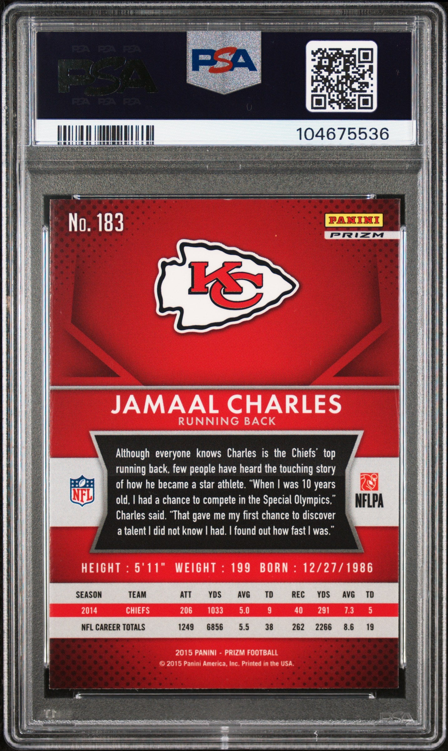 Jamaal Charles 2015 Panini Prizm Red Football Card #183 Graded PSA 9 Auto 10-Powers Sports Memorabilia
