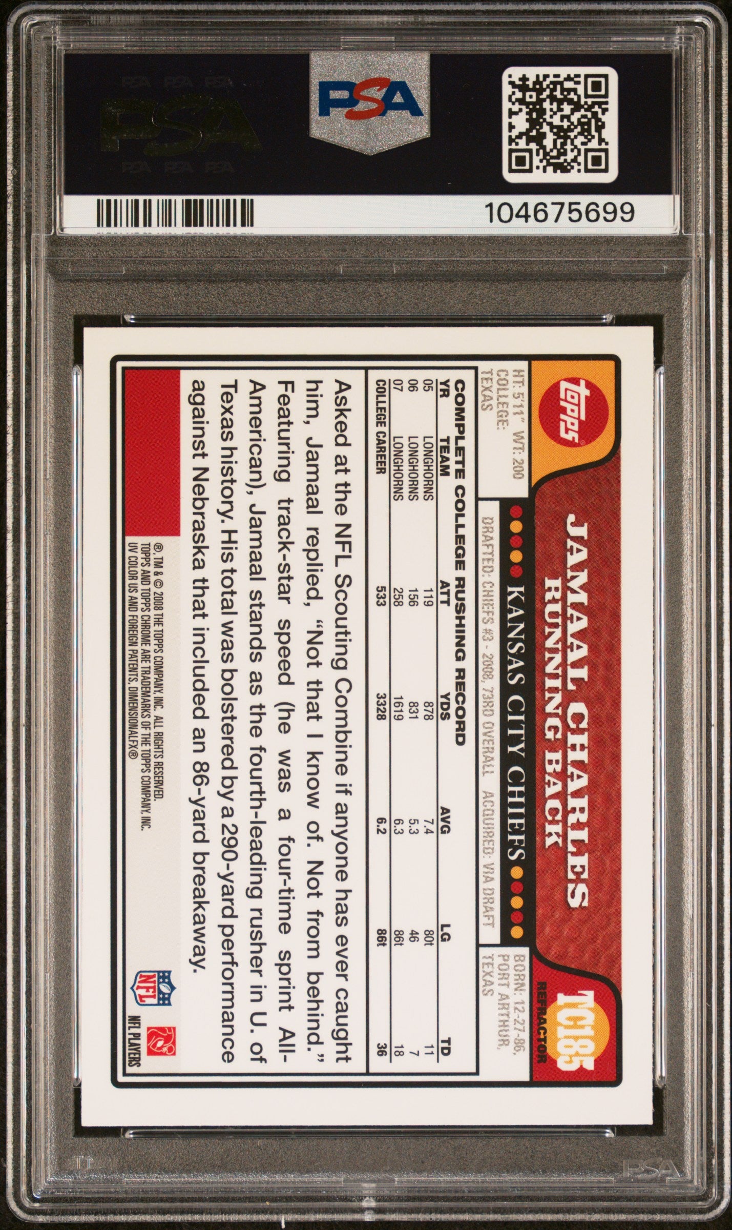 Jamaal Charles 2008 Topps Chrome Refractor Signed Rookie Card #TC185 Auto PSA 104675699-Powers Sports Memorabilia