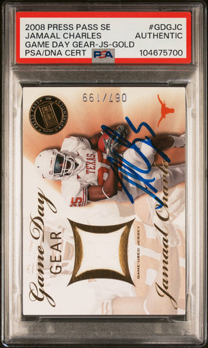 Jamaal Charles 2008 Press Pass Game Used Jersey Gold Signed Rookie Card #GDGJC Auto PSA 67/199-Powers Sports Memorabilia