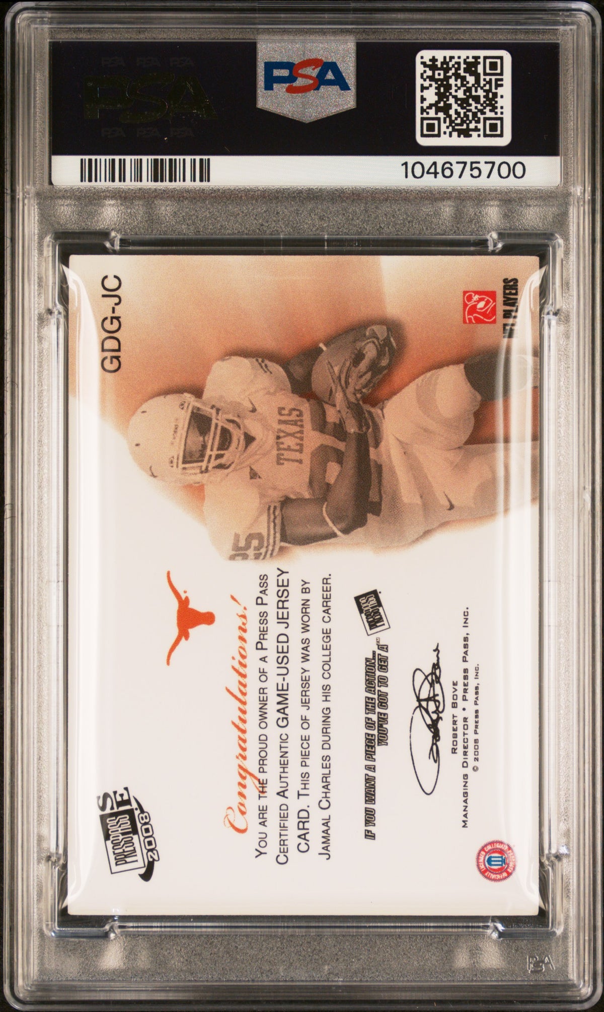 Jamaal Charles 2008 Press Pass Game Used Jersey Gold Signed Rookie Card #GDGJC Auto PSA 67/199-Powers Sports Memorabilia