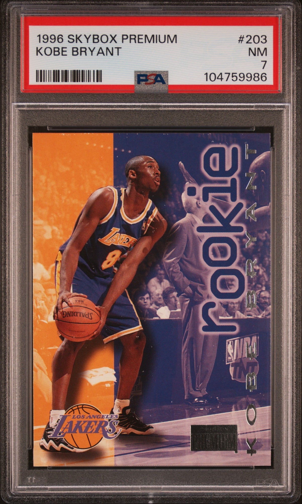 Kobe Bryant 1996 SkyBox Premium Los Angeles Lakers Basketball Rookie Card #203 Graded PSA 7 Cert #104759986-Powers Sports Memorabilia