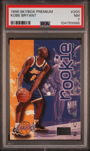 Kobe Bryant 1996 SkyBox Premium Los Angeles Lakers Basketball Rookie Card #203 Graded PSA 7 Cert #104759986-Powers Sports Memorabilia