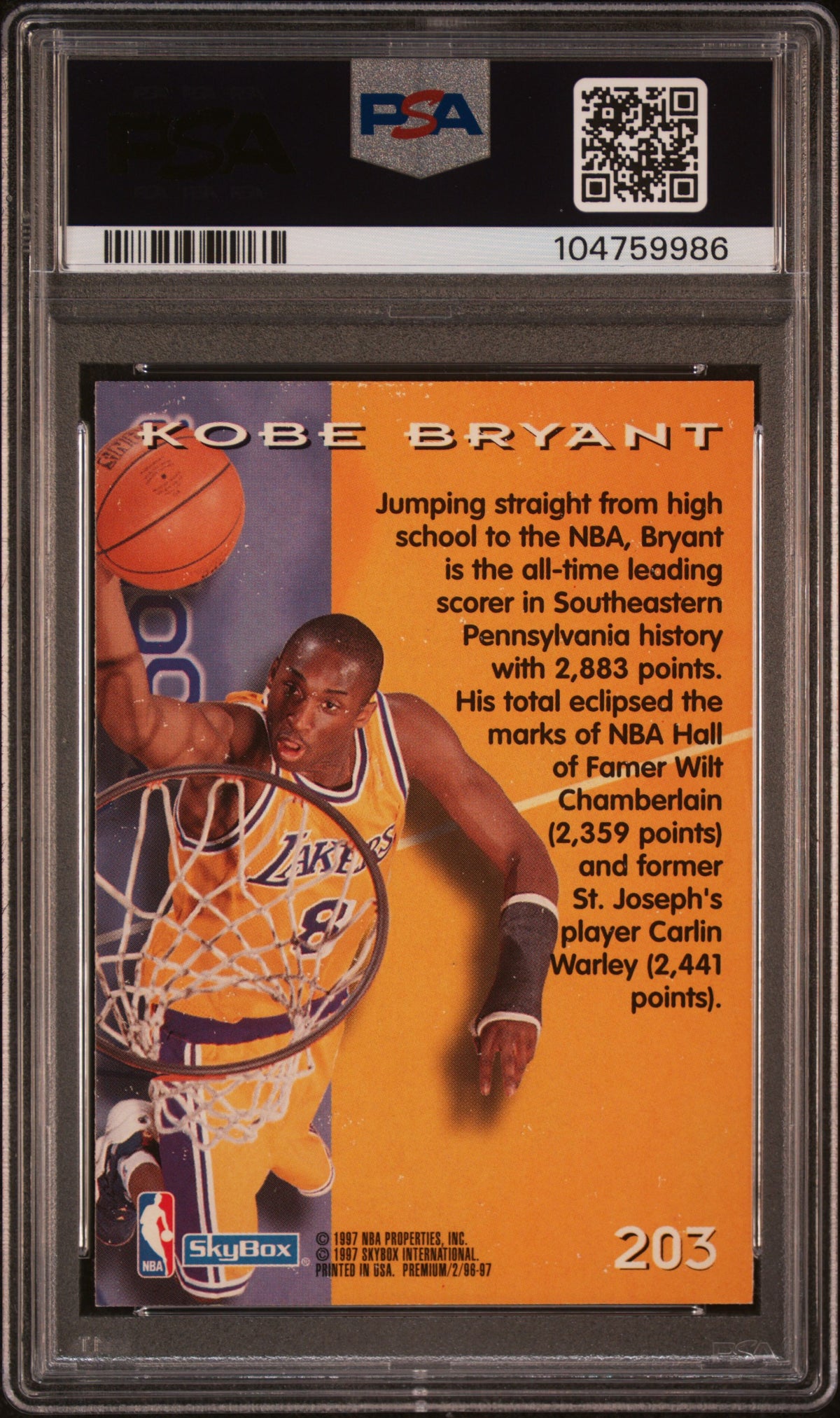Kobe Bryant 1996 SkyBox Premium Los Angeles Lakers Basketball Rookie Card #203 Graded PSA 7 Cert #104759986-Powers Sports Memorabilia