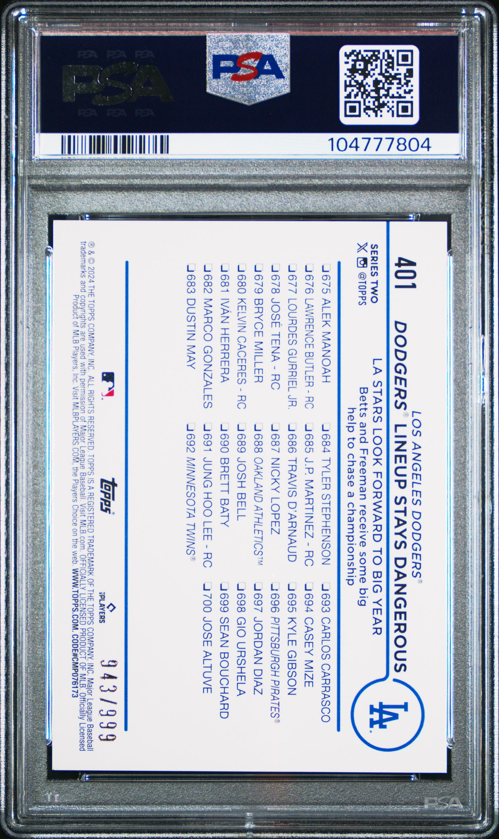 Freddie Freeman Mookie Betts 2024 Topps Blue Foil Baseball Card #401 Graded PSA 10 943/999-Powers Sports Memorabilia