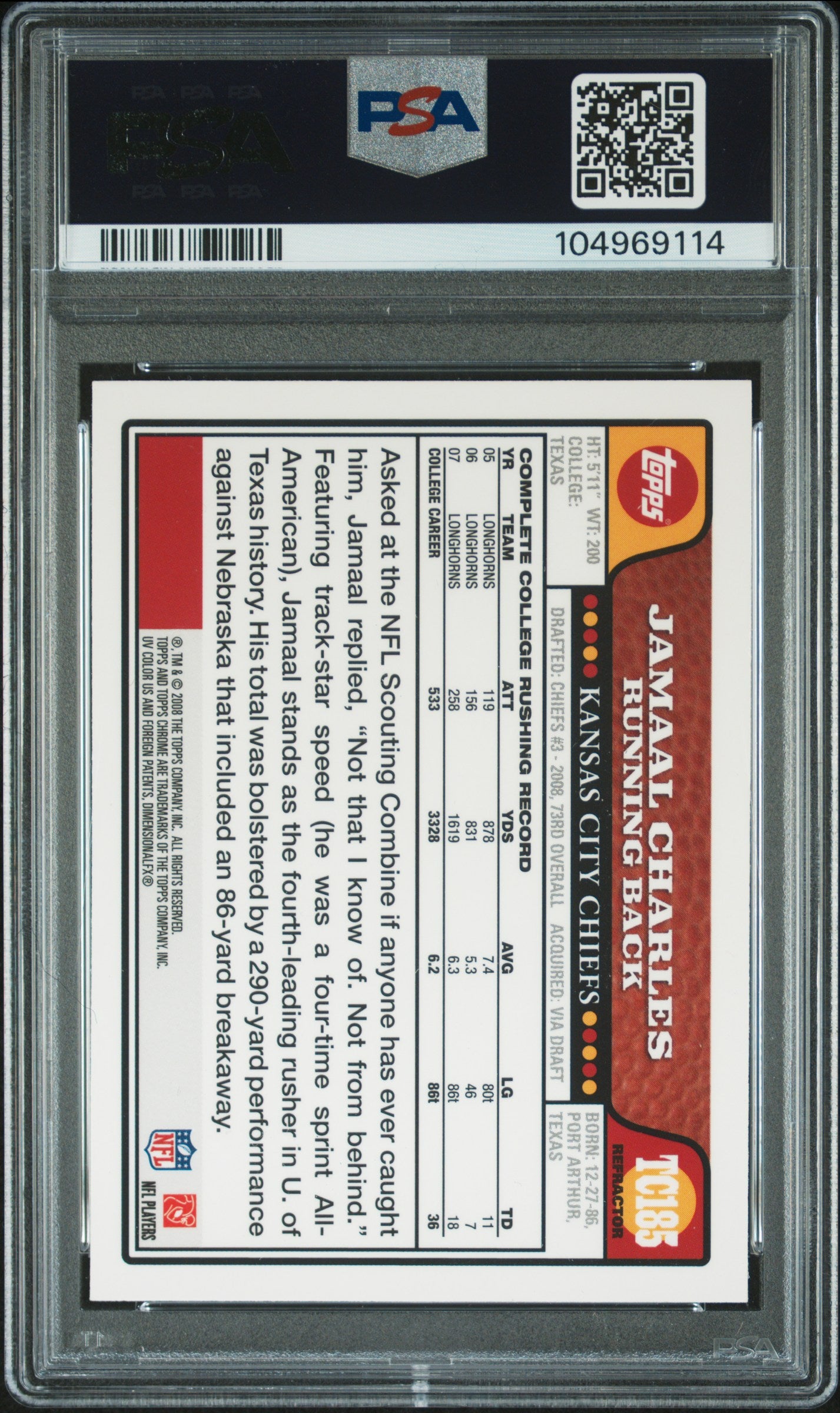 Jamaal Charles 2008 Topps Chrome Refractor Rookie Card #TC185 Auto Graded PSA 9-Powers Sports Memorabilia