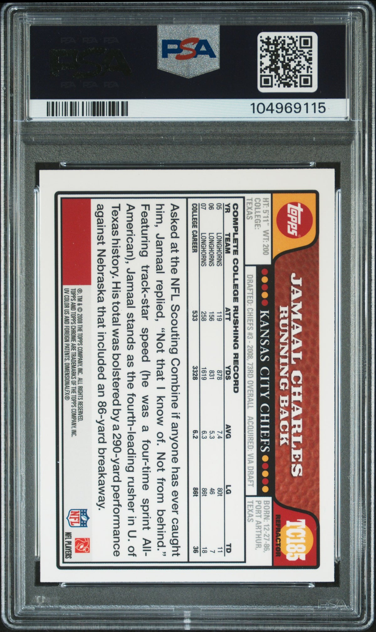 Jamaal Charles 2008 Topps Chrome Refractor Rookie Card #TC185 Auto PSA 10 969115-Powers Sports Memorabilia