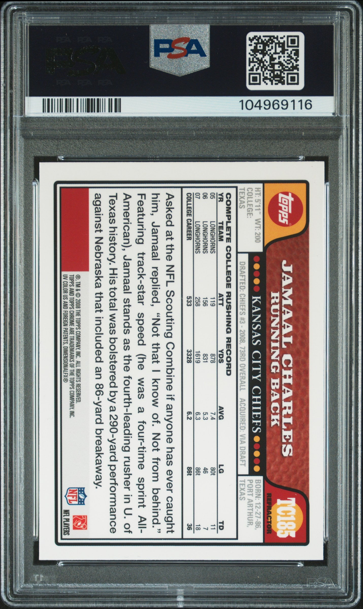 Jamaal Charles 2008 Topps Chrome Refractor Rookie Card #TC185 Auto PSA 10 969116-Powers Sports Memorabilia