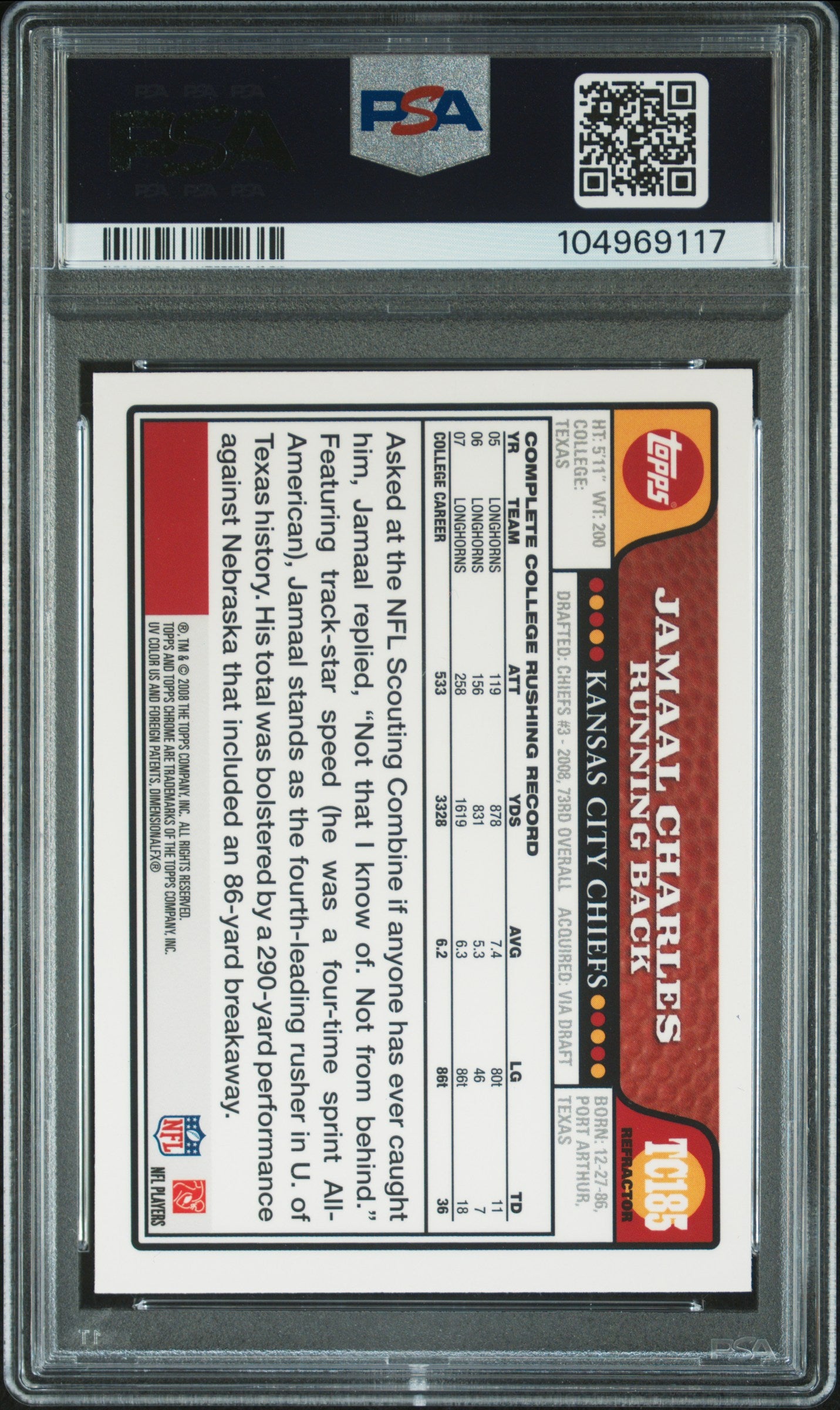 Jamaal Charles 2008 Topps Chrome Refractor Rookie Card #TC185 Auto PSA 10 969117-Powers Sports Memorabilia