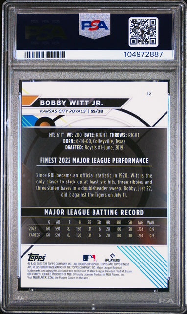 Bobby Witt Jr. 2023 Topps Finest Blue Kansas City Royals Baseball Card #12 63/150 Graded PSA 10 Cert #104972887