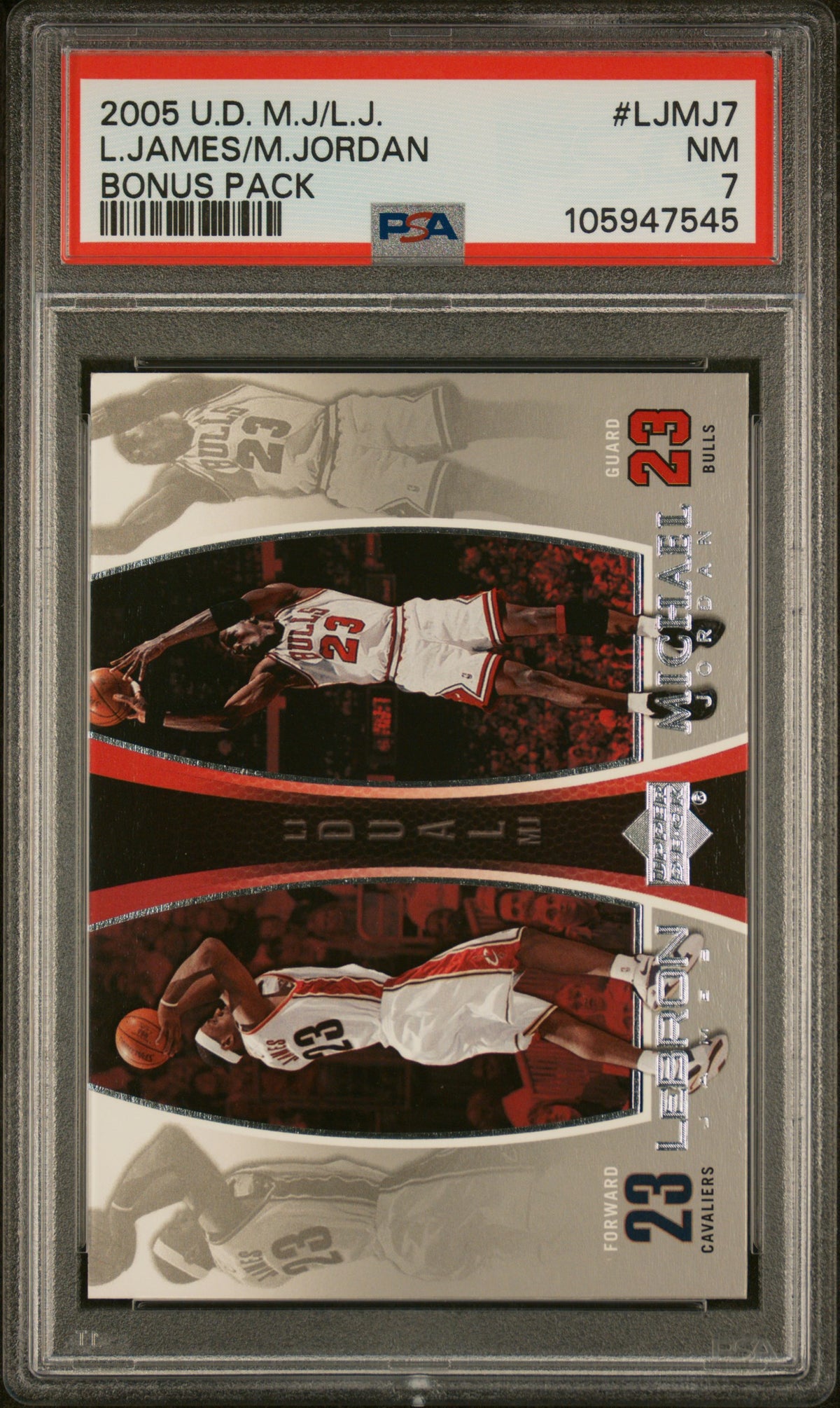 Michael Jordan LeBron James 2005 Upper Deck Bonus Pack Basketball Card #LJMJ7 Graded PSA 7 Cert # 105947545-Powers Sports Memorabilia