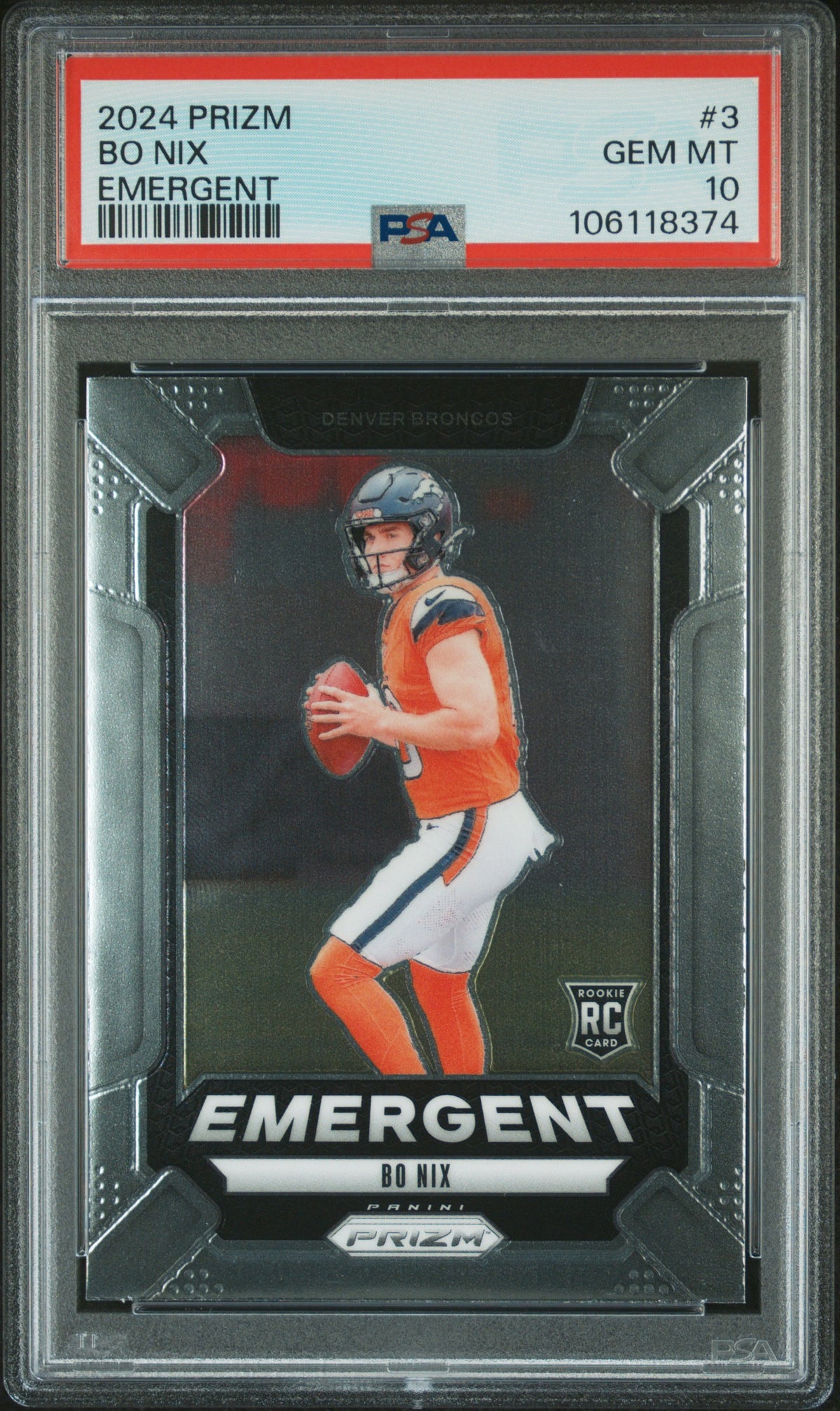 Bo Nix 2024 Panini Prizm Emergent Football Rookie Card #3 Graded PSA 10 Cert #106118374-Powers Sports Memorabilia