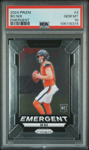 Bo Nix 2024 Panini Prizm Emergent Football Rookie Card #3 Graded PSA 10 Cert #106118374-Powers Sports Memorabilia