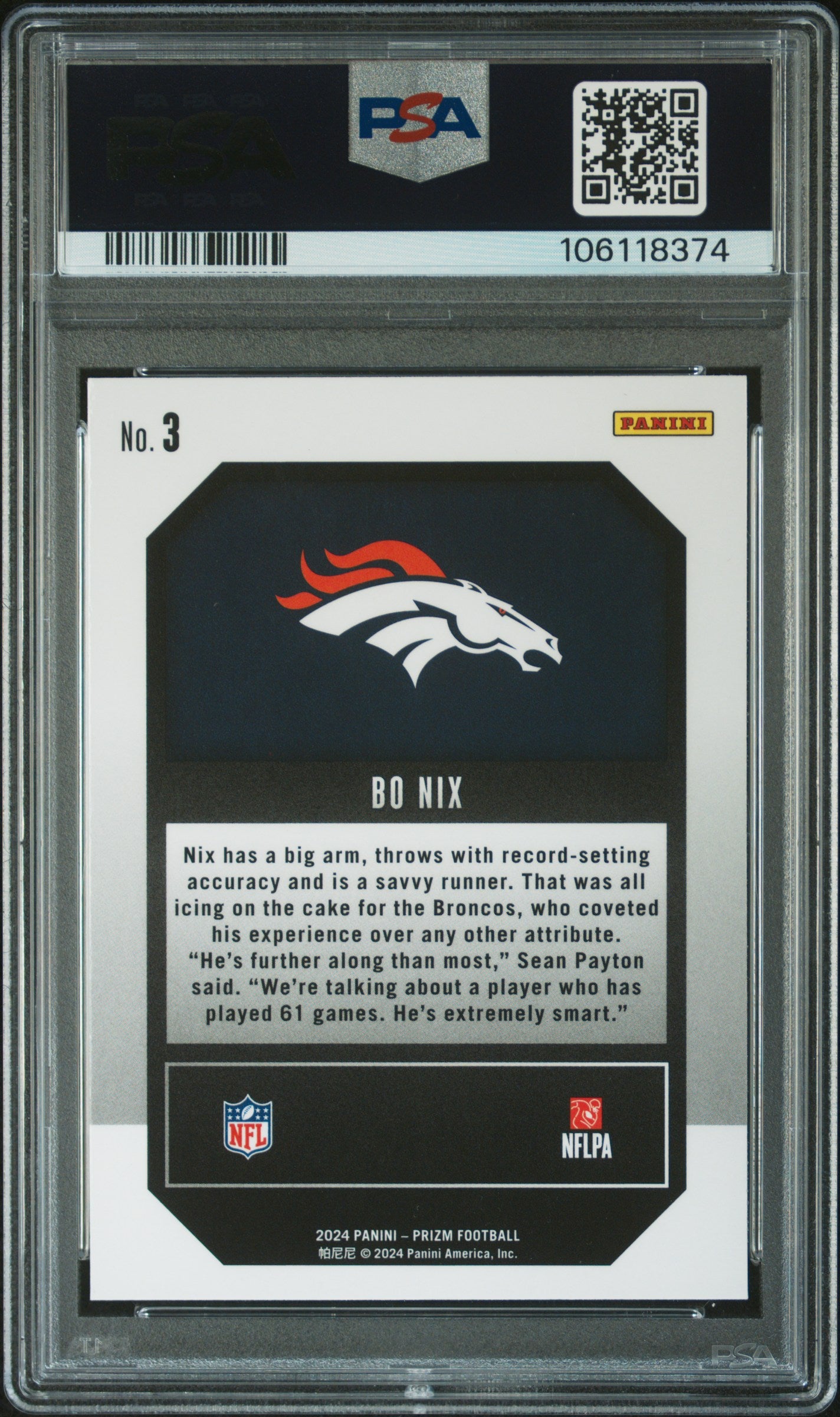 Bo Nix 2024 Panini Prizm Emergent Football Rookie Card #3 Graded PSA 10 Cert #106118374-Powers Sports Memorabilia