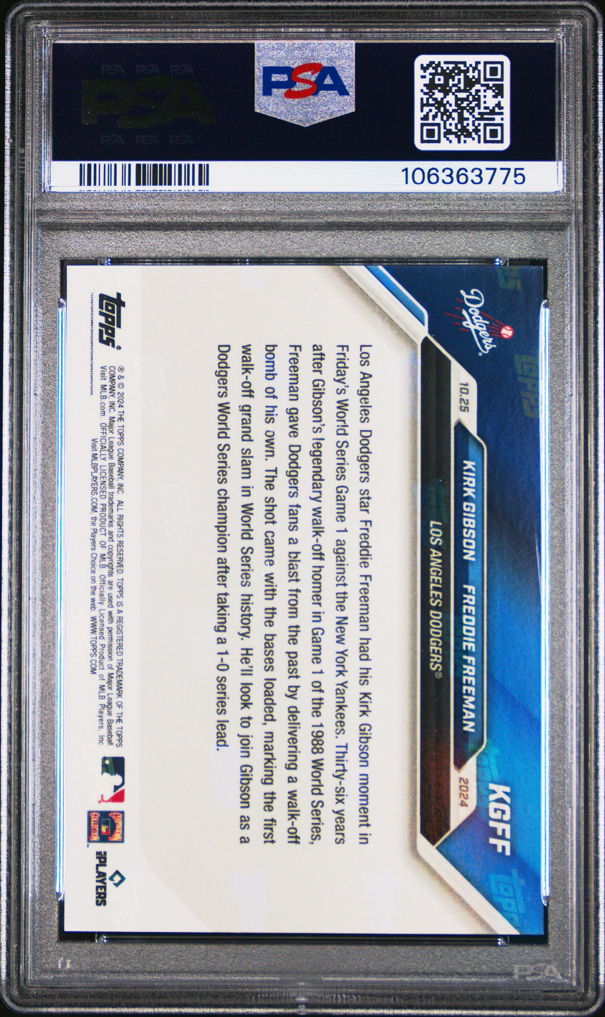 Freddie Freeman Kirk Gibson 2024 Topps Now World Series Grand Slam Baseball Card #KGFF Graded PSA 10-Powers Sports Memorabilia
