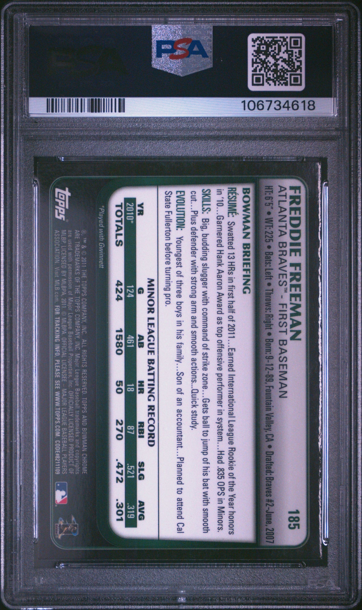 Freddie Freeman 2011 Bowman Chrome Baseball Rookie Card #185 Graded PSA 8 Cert #106734618-Powers Sports Memorabilia