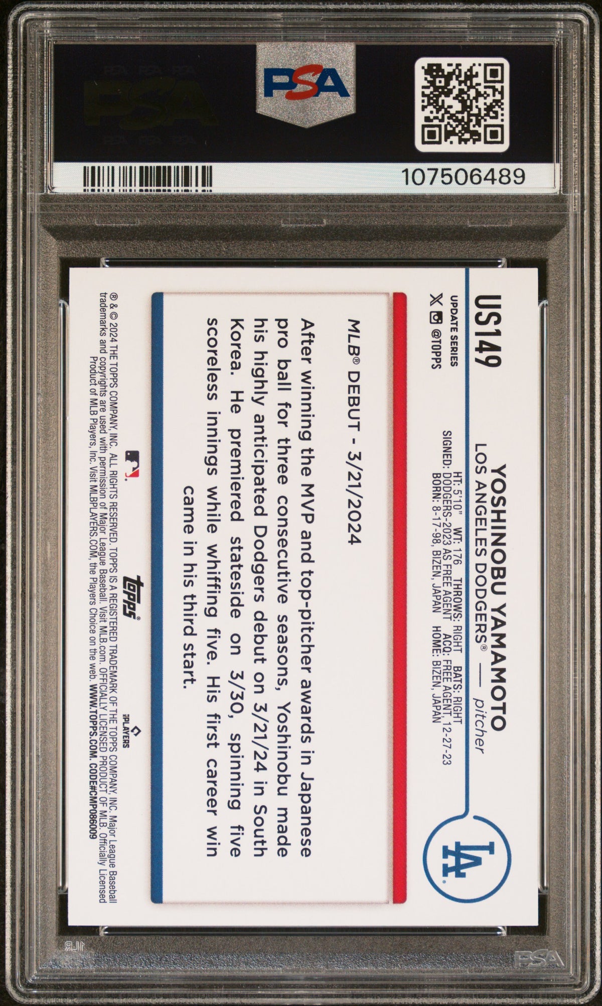 Yoshinobu Yamamoto 2024 Topps Update Yellow Baseball Rookie Card #US149 Graded PSA 10 Cert #107506489-Powers Sports Memorabilia