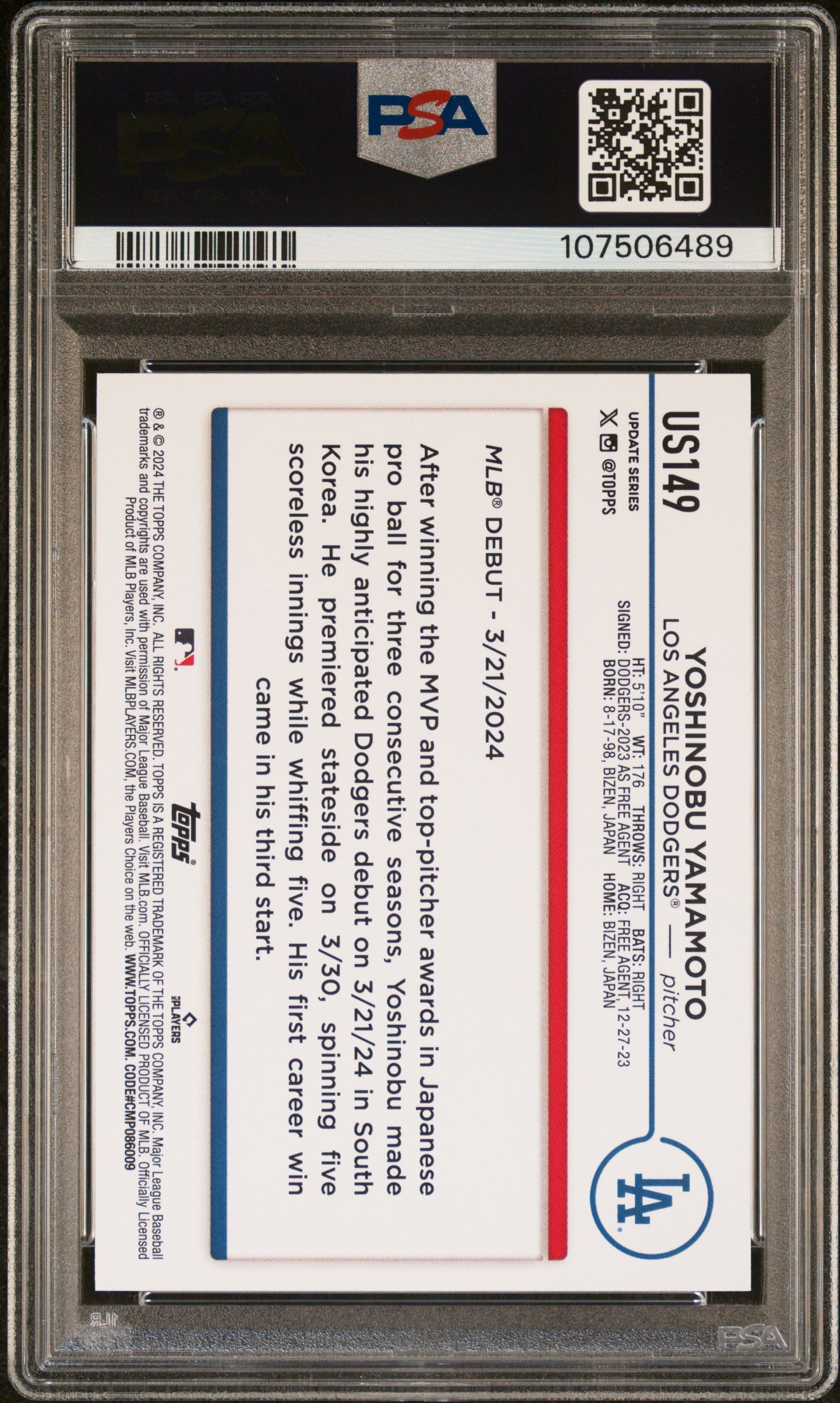 Yoshinobu Yamamoto 2024 Topps Update Yellow Baseball Rookie Card #US149 Graded PSA 10 Cert #107506489-Powers Sports Memorabilia