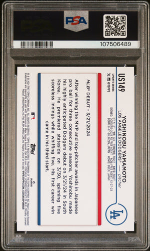 Yoshinobu Yamamoto 2024 Topps Update Yellow Baseball Rookie Card #US149 Graded PSA 10 Cert #107506489-Powers Sports Memorabilia