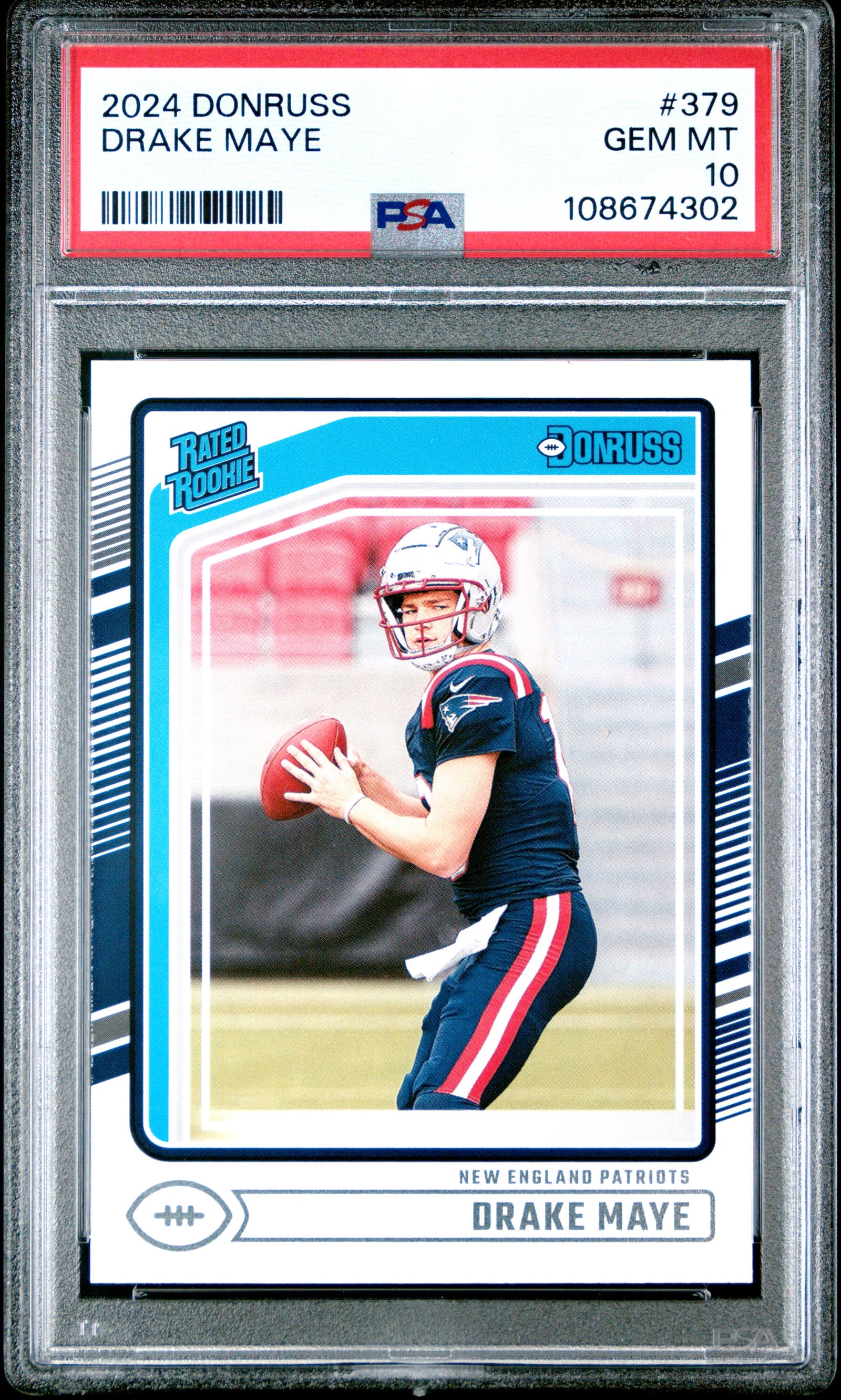 Drake Maye 2024 Donruss Rated Rookie Football Card #379 Graded PSA 10 Cert #108674302-Powers Sports Memorabilia
