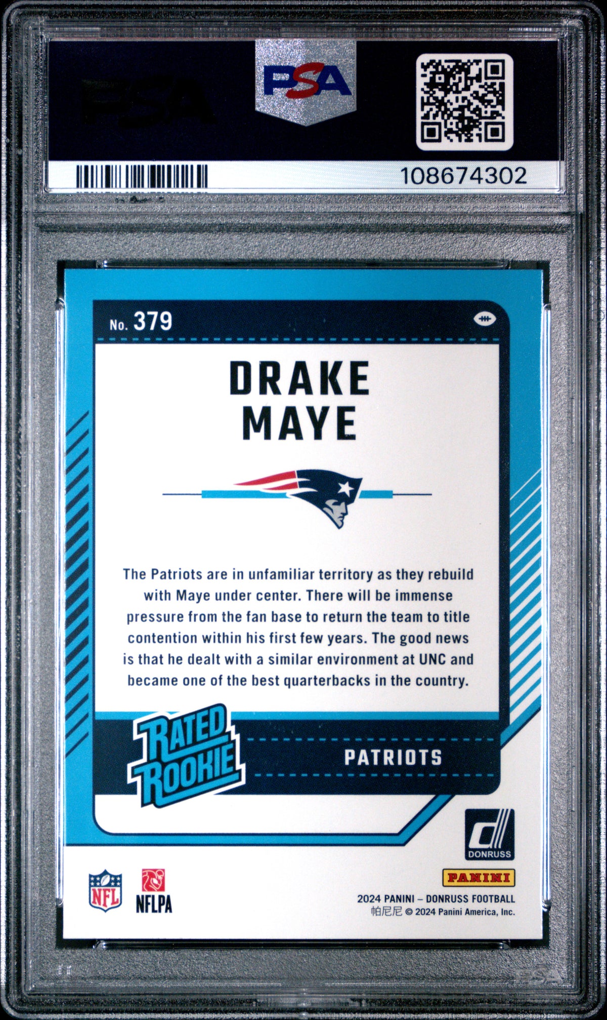 Drake Maye 2024 Donruss Rated Rookie Football Card #379 Graded PSA 10 Cert #108674302-Powers Sports Memorabilia